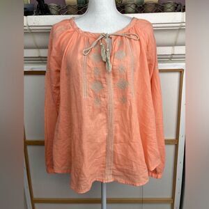 LOFT embroidered peach tie neck peasant blouse w/ tassels oversized